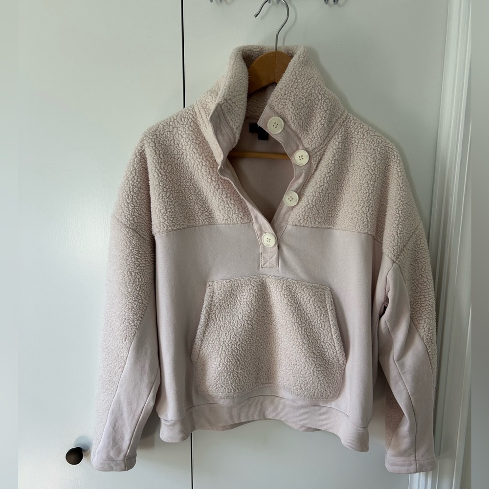 J.Crew women’s Teddy sherpa button-front sweatshirt, light pink color